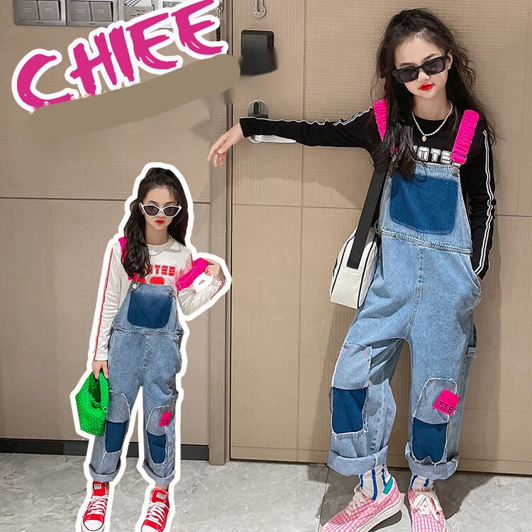 Bộ Áo Thun Tay Dài Phối Quần Yếm Denim Thời Trang Xuân Thu Cho Bé Gái Từ 5-6 Tuổi 7-8 Tuổi 9-10 Tuổi 11-12 Tuổi