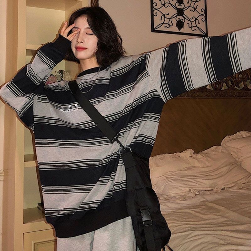Áo Sweater Nỉ Lót Bông Tay Dài Form Rộng Kẻ Sọc Ngang Cực Phong Cách