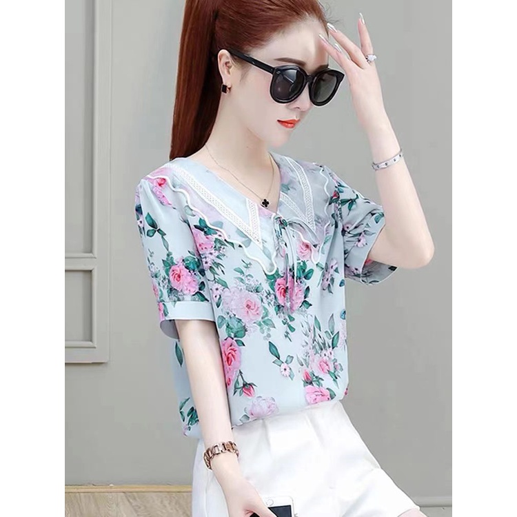 Áo Sơ Mi Chiffon Tay Ngắn Cổ Búp Bê In Họa Tiết Hoa Thời Trang Mùa Hè Kiểu Mới Cho