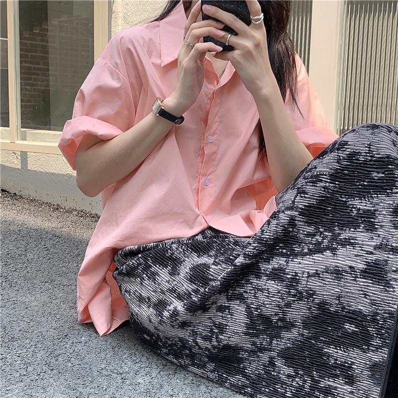 SUXI Áo Sơ Mi Tay Ngắn Dáng Rộng Màu Trơn Phong Cách Retro Hàn Quốc Cho Nữ