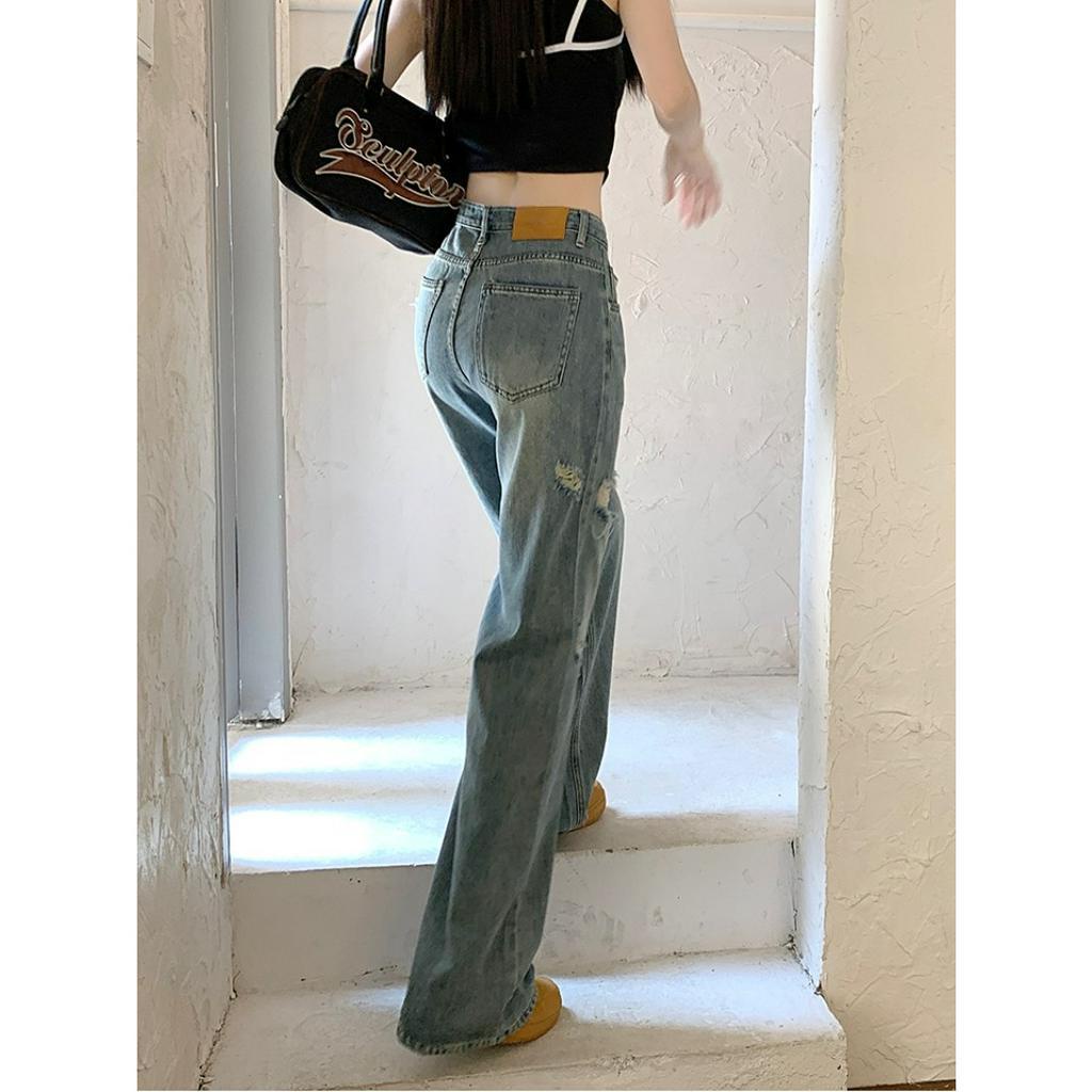 「 WELOVE1 」Quần Denim Cạp Cao Rách Gối