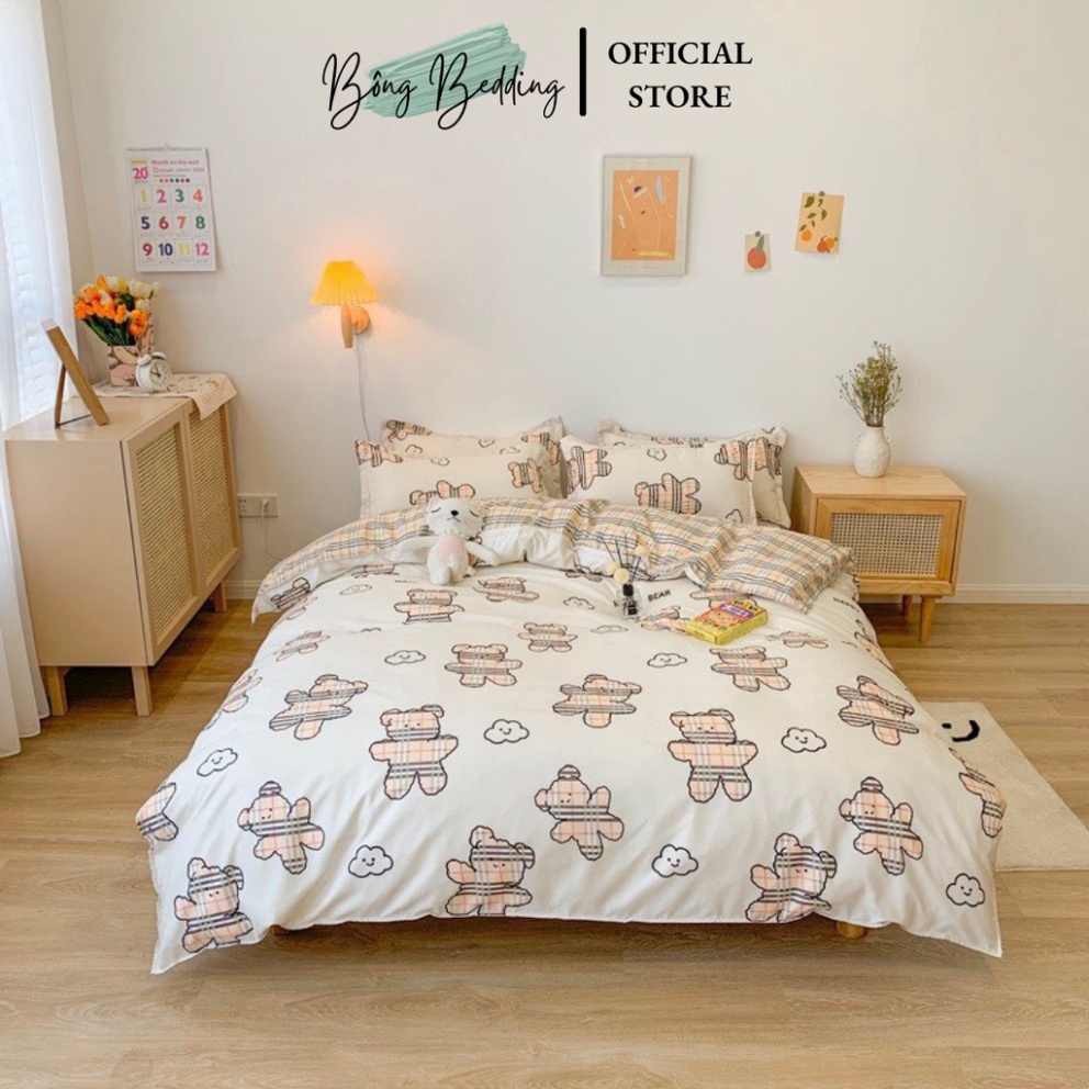 Bộ Chăn Ga Gối Cotton Poly Gấu Be Phối Ga Kẻ HIN BEDDING Miễn Phí Bo Chun