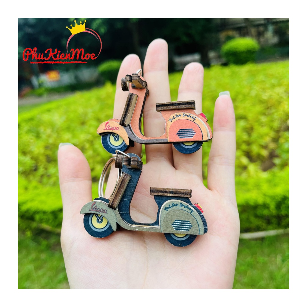 Móc chìa khóa kiểu dáng vintage hình xe Vespa, móc khoá teo balo điện thoại làm bằng gỗ mini PhuKienMoe handmade