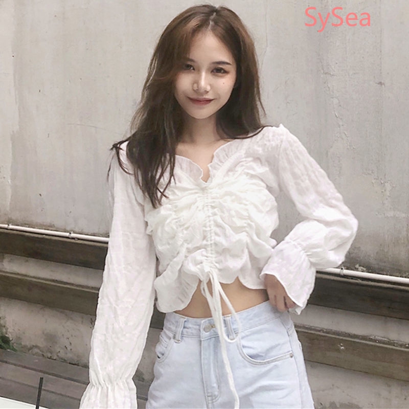 Áo crop top dài tay màu trắng phong cách mùa hè thời trang cho nữ