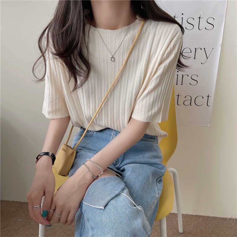 Áo Thun Dệt Kim Tay Ngắn Cổ Tròn Màu Sắc Kẹo Ngọt Phong Cách Hàn Quốc Thời Trang Mùa Hè