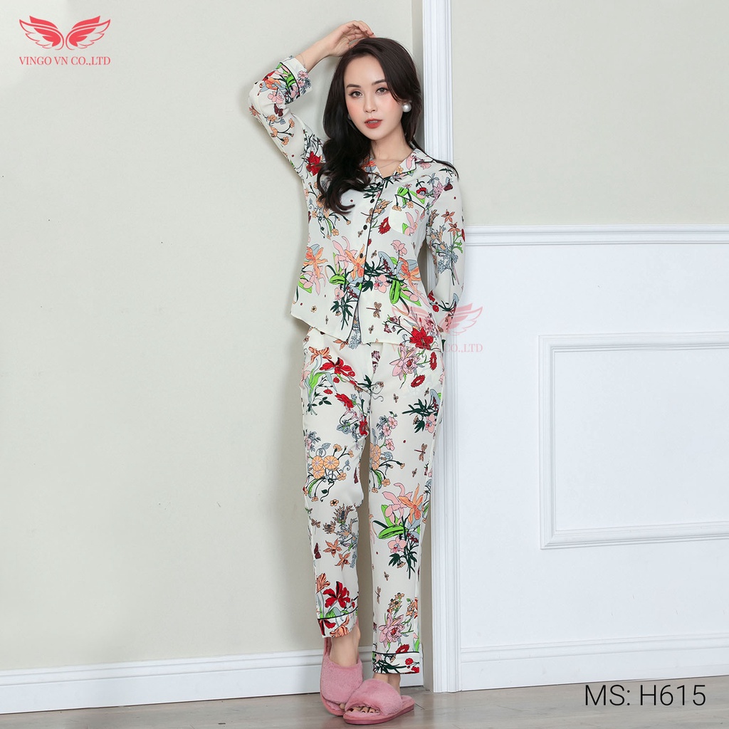 Đồ bộ nữ pyjama mặc nhà VINGO tay dài quần dài có eo mùaThu Đông ấm cát Hàn cao cấp họa tiết hoa và lá H615 - TDQD | WebRaoVat - webraovat.net.vn