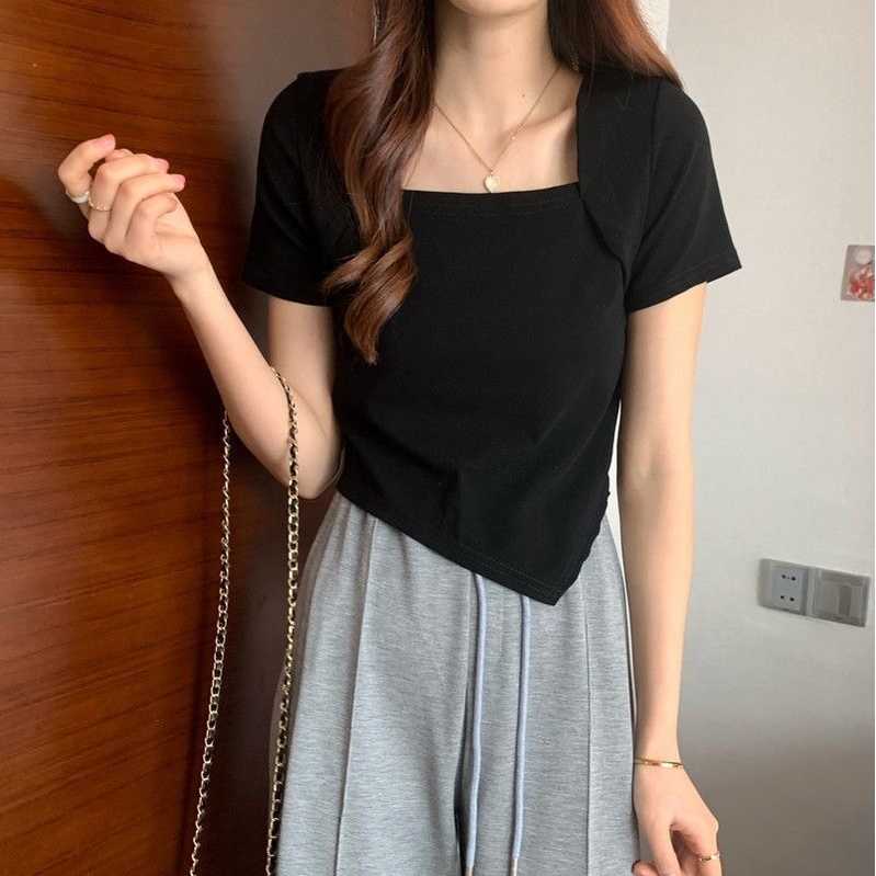Áo Thun Ngắn Tay Cổ Vuông Màu Sắc Thời Trang Dành Cho Nữ