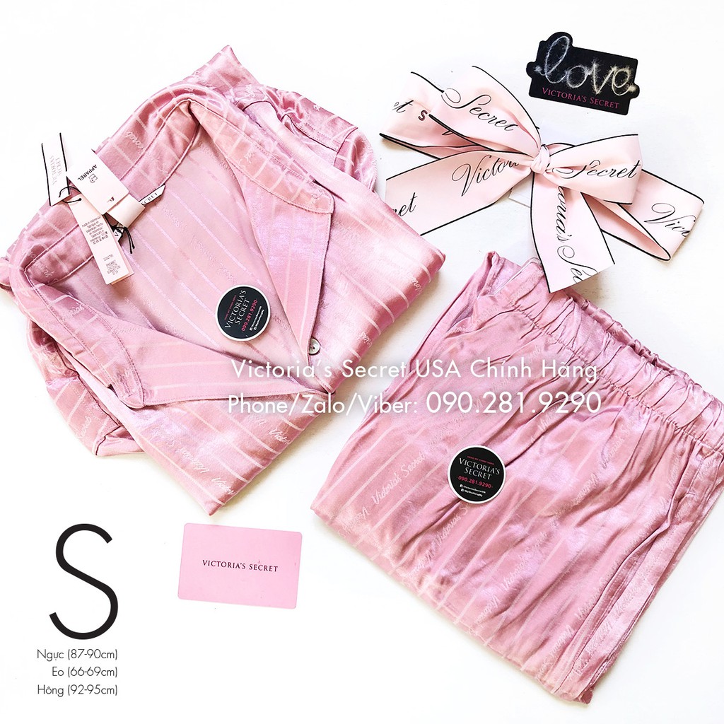 (Size S - Bill Mỹ) - Bộ đồ ngủ dài (53) sọc hồng đậm, chất vải satin, Dusk Pink -  Mỹ