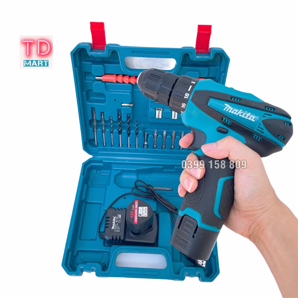 Máy khoan pin cầm tay Makita 12V Tặng kèm hộp 24 chi tiết