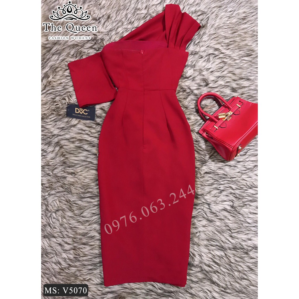 Đầm body V5070 màu đỏ lệch vai sang trọng - The Queen Fashion - Kèm hình chup thật sản phẩm