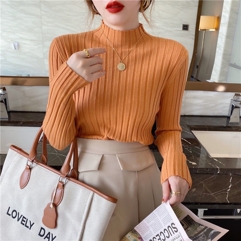 Áo dệt kim cổ cao tay dài phong cách xuân thu 2021 thanh lịch