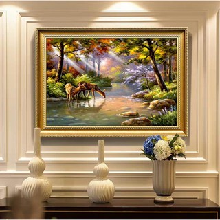 Tranh thêu chữ thập hươu tài lộc