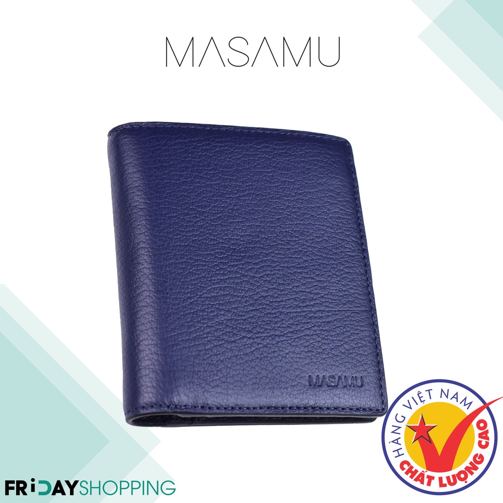Ví da nam MASAMU Bulk màu xanh Navy dạng đứng 3 ngăn