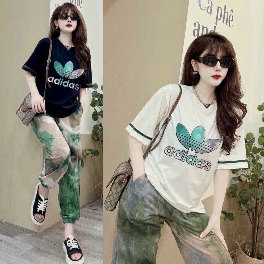 Đồ bộ thun form rộng áo thun cotton logo thêu họa tiết 3 lá quần thun lạnh loang màu