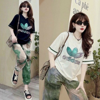 Đồ bộ thun form rộng áo thun cotton logo thêu họa tiết 3 lá quần thun lạnh loang màu
