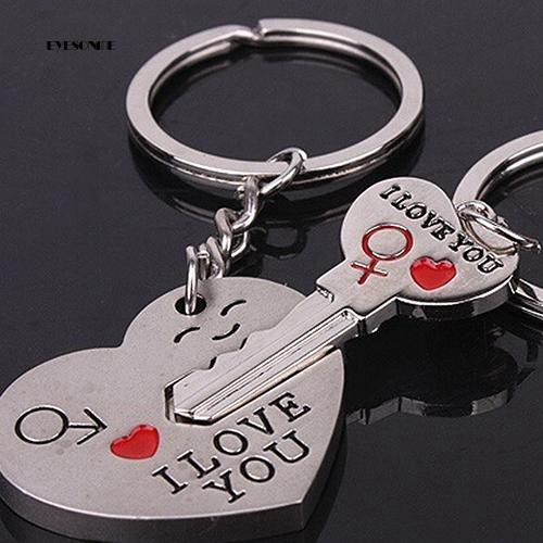 Set 2 móc khóa ghép hình chìa khoá và trái tim khắc chữ I Love You cho cặp đôi