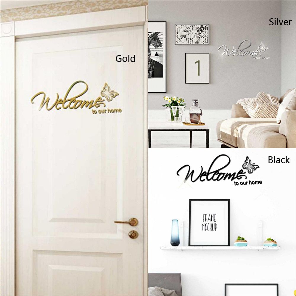 Miếng dán tường KUNHEV bằng acrylic tráng gương họa tiết chữ Welcome To Our Home 3D trang trí nội thất
