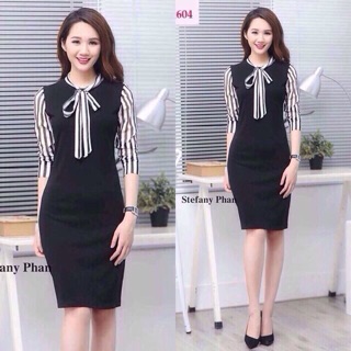 🍒Đầm công sở body suông phối sọc nơ cổ