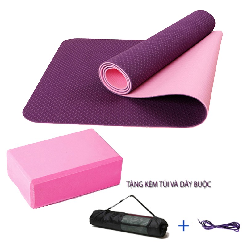 Combo Thảm Tập Yoga TPE 6mm 2 lớp + Gối Tập Yoga PVC (Tặng Kèm Túi Và Dây Yoga)