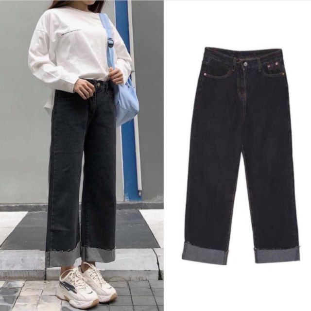 Quần bò culottes gập gấu đen