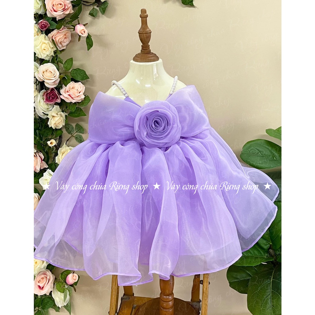 Váy đầm công chúa thiết kế cho bé gái 2 dây kết hoa hồng ngực đính hạt trai cute váy rosa dễ thương