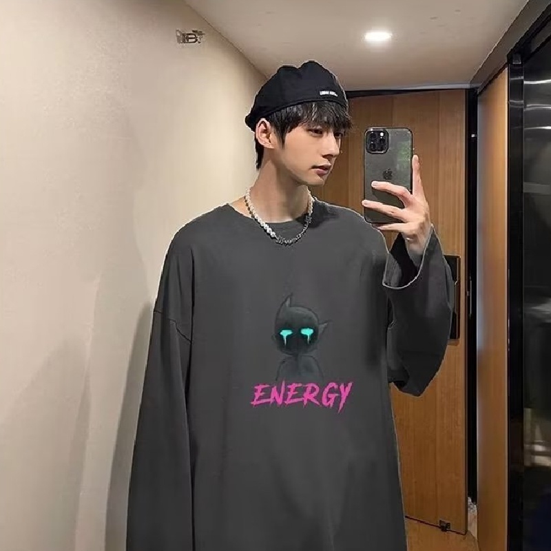 Áo Thun Tay Dài Cổ Tròn Dáng Rộng In Chữ Phong Cách Hip Hop Hàn Quốc Thời Trang Cho Nam Size M-5XL