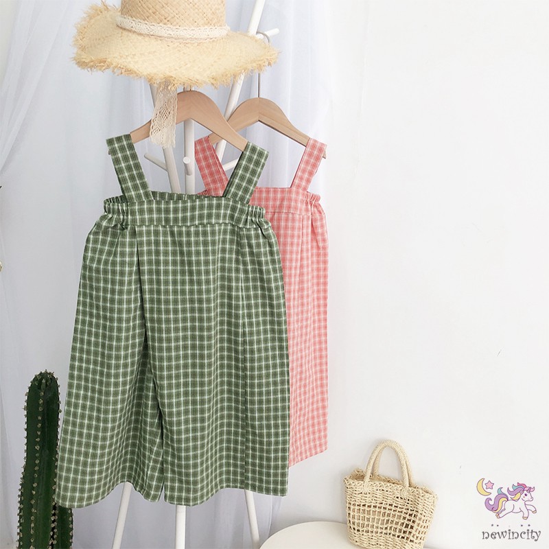 Bộ Áo Liền Quần Họa Tiết Sọc Caro Phong Cách Hàn Quốc Cho Bé Gái