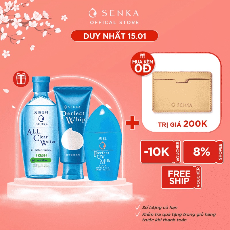 Combo Senka Làm Sạch Chống Nắng Kiềm Dầu Hoàn Hảo (Water Fresh 230ml + Perfect Whip 120g + UV Milk 40ml)