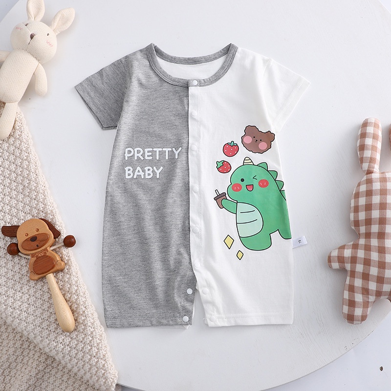 Bộ Áo Liền Quần Tay Ngắn Bằng Cotton Giả Nhiều Màu In Họa Tiết Động Vật Hoạt Hình Cho Bé Sơ Sinh 0-24 Tháng