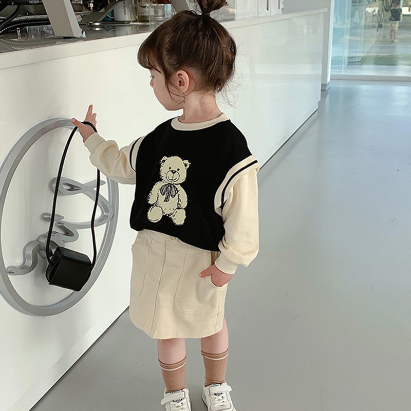 Áo sweater cổ tròn in họa tiết hoạt hình màu sắc tương phản phong cách Hàn Quốc thời trang dành cho bé gái