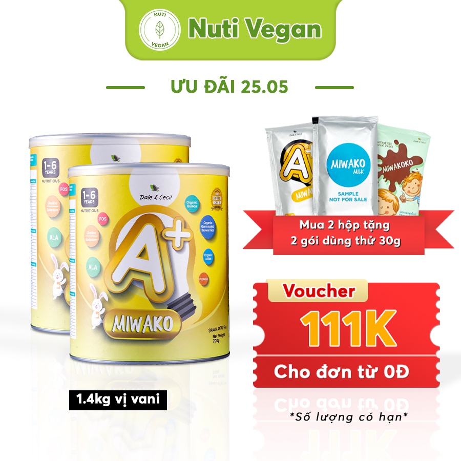 [ Tặng tranh tô màu nước cho bé] Bộ 2 Hộp Sữa Miwako A+ Hộp 700g Vị Vani (1.4kg), Sữa Hạt Cho Bé Chậm Nói - nutivegan