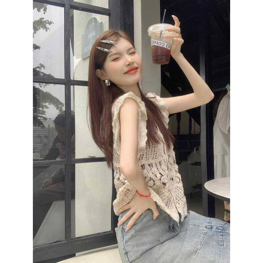 Áo Ống Tay Bay Cổ Chữ V Phối Ren Phong Cách Pháp 64036