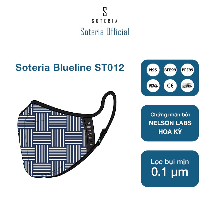 Khẩu trang tiêu chuẩn Quốc Tế SOTERIA Blueline ST012 - Bộ lọc N95 BFE PFE 99 lọc đến 99% bụi mịn 0.1 micro- Size S,M,L