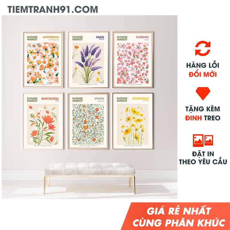 ⚡Tranh treo tường phòng khách, tranh Flower Market nghệ thuật - Tặng kèm đinh treo tranh - TIỆM TRANH 91