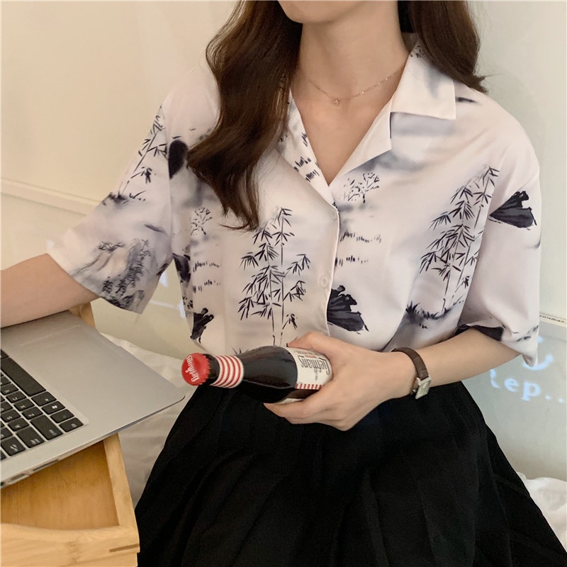 Áo Sơ Mi Tay Ngắn In Họa Tiết retro Thời Trang Cho Nữ