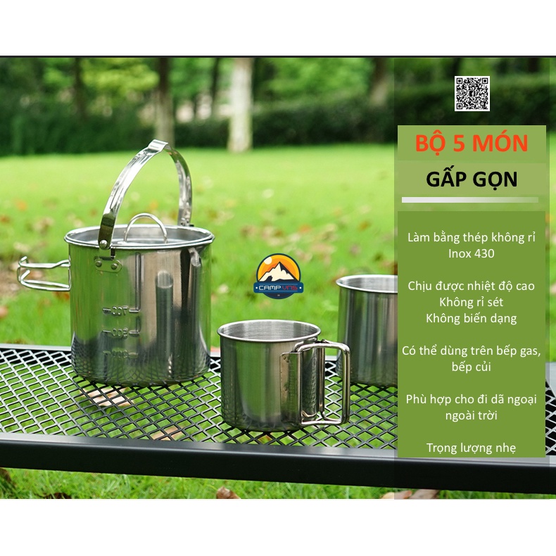 Bộ nồi inox treo 5 món gấp gọn Sola  loại dày du lịch cắm trại dã ngoại