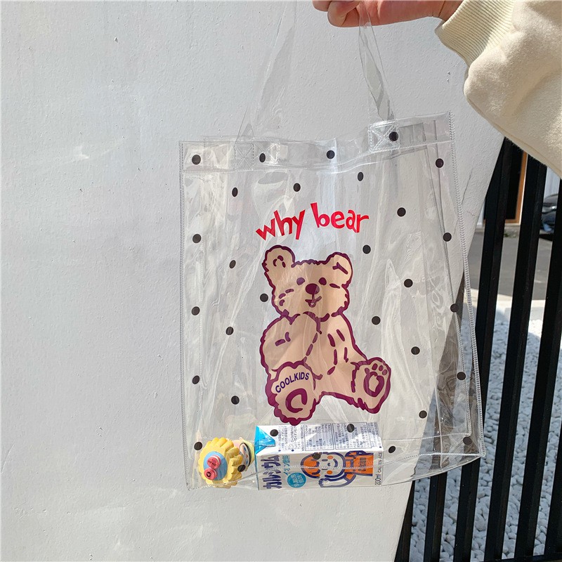 Túi xách plastic trong suốt hình gấu nâu chấm bi đa năng ♥️ URI DECOR ♥️