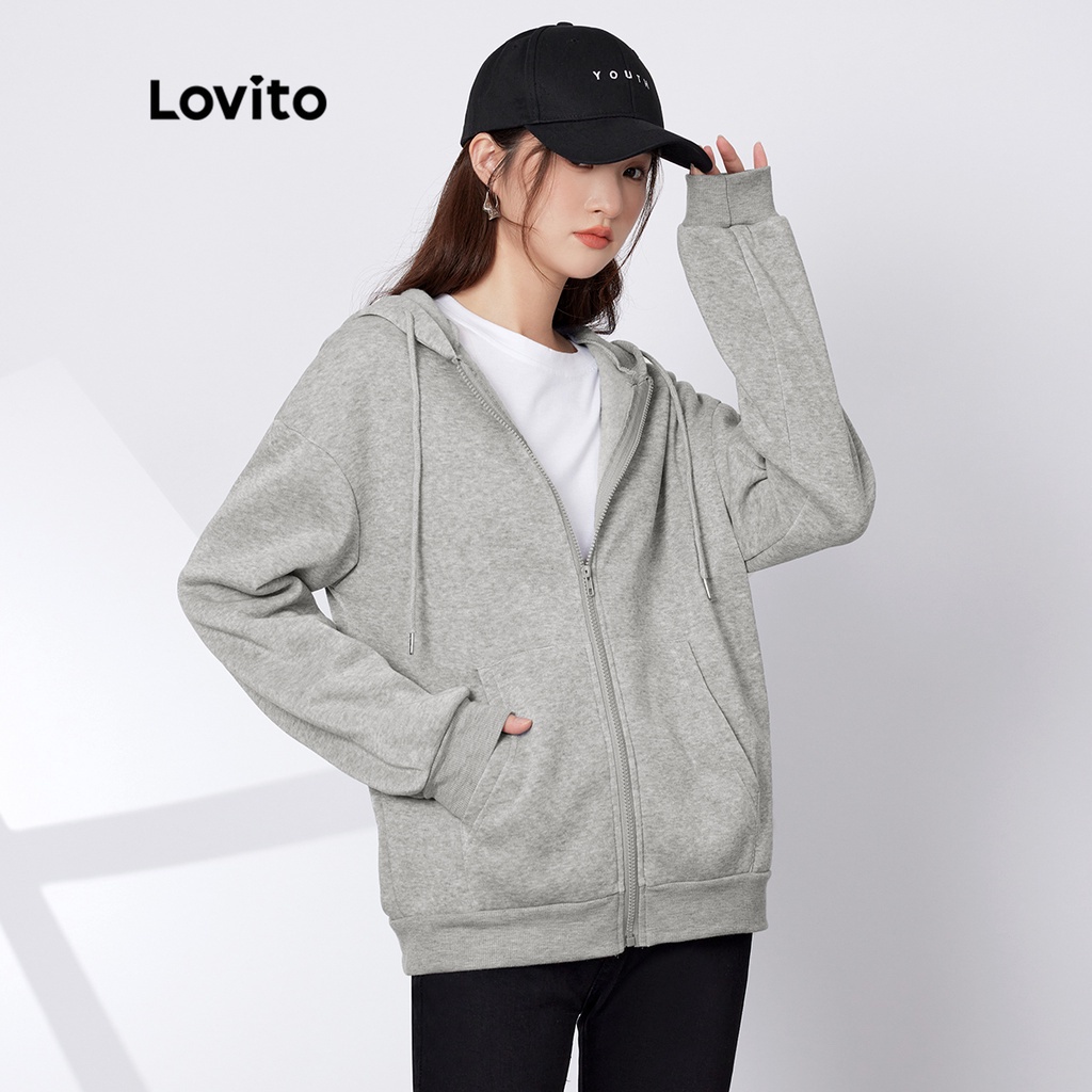 Áo sweatshirt Lovito trơn màu có dây kéo và túi L29AD023 (màu xám)