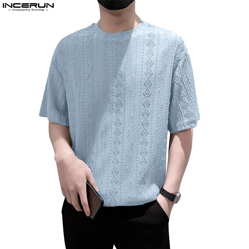 Áo thun INCERUN ngắn tay cổ tròn in họa tiết thời trang Hàn Quốc cho nam