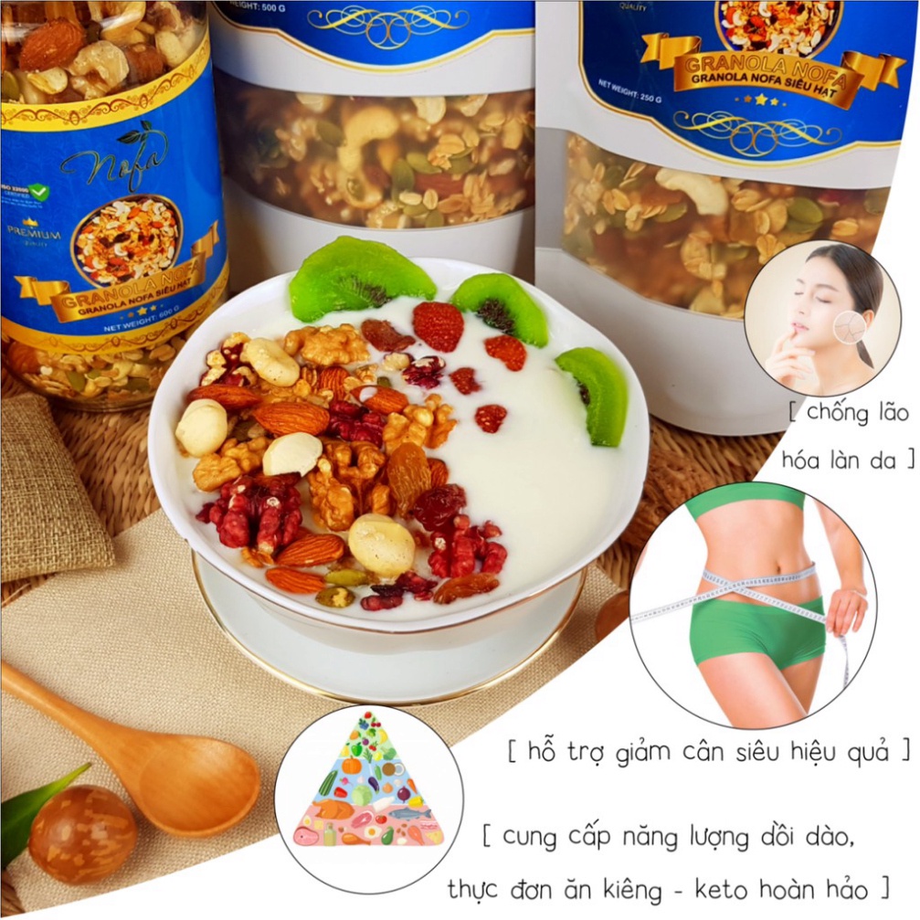 Granola siêu Hạt &amp; Quả NOFA 600gr, Ngũ cốc giảm cân thêm Macca, Óc chó đỏ, Dâu tây