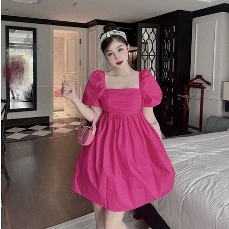Váy babydoll cổ vuông tay phồng xếp li ngực nơ lưng, váy nữ freesize LP1 | BigBuy360 - bigbuy360.vn