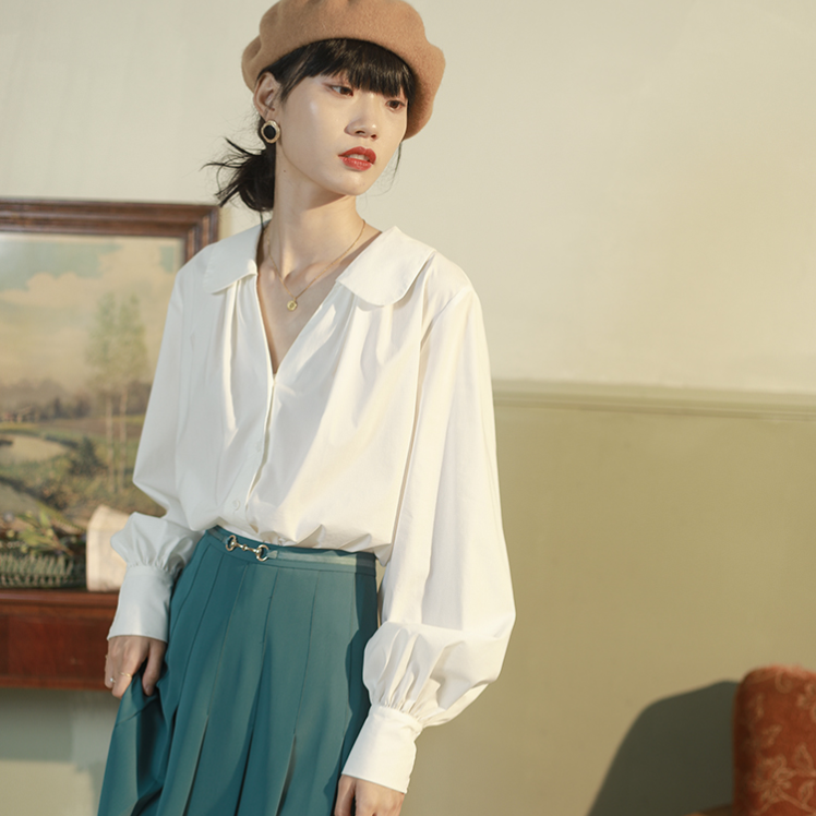 Áo Sơ Mi Tay Phồng Màu Trơn Phong Cách Retro Thanh Lịch Dành Cho Nữ