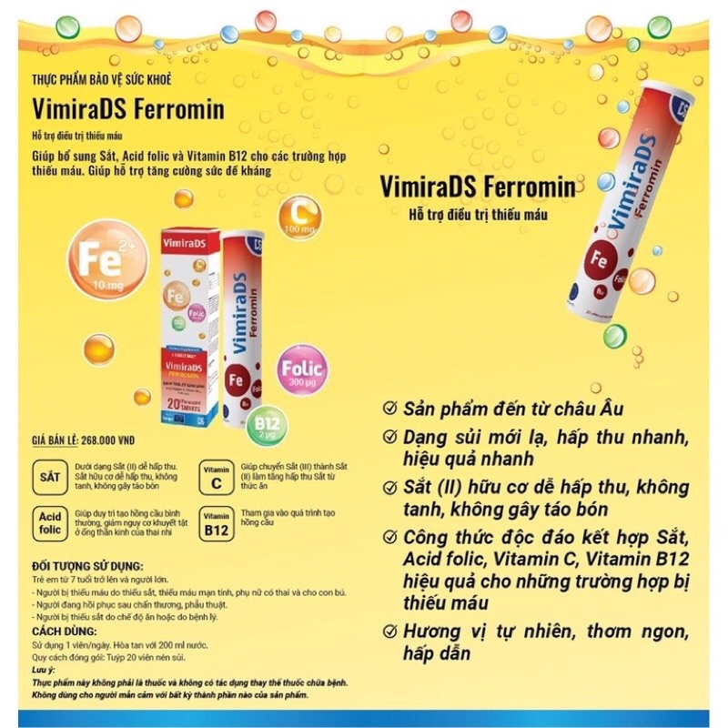 Viên Sắt sủi VimiraDS Ferromin - Hỗ trợ thiếu máu do thiếu sắt,không tanh,không nóng,không táo bón