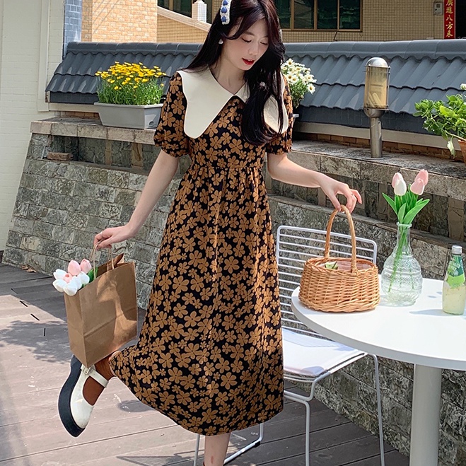 Đầm SUXI thiết kế dáng dài tay ngắn cổ búp bê rộng thời trang mùa hè cho nữ