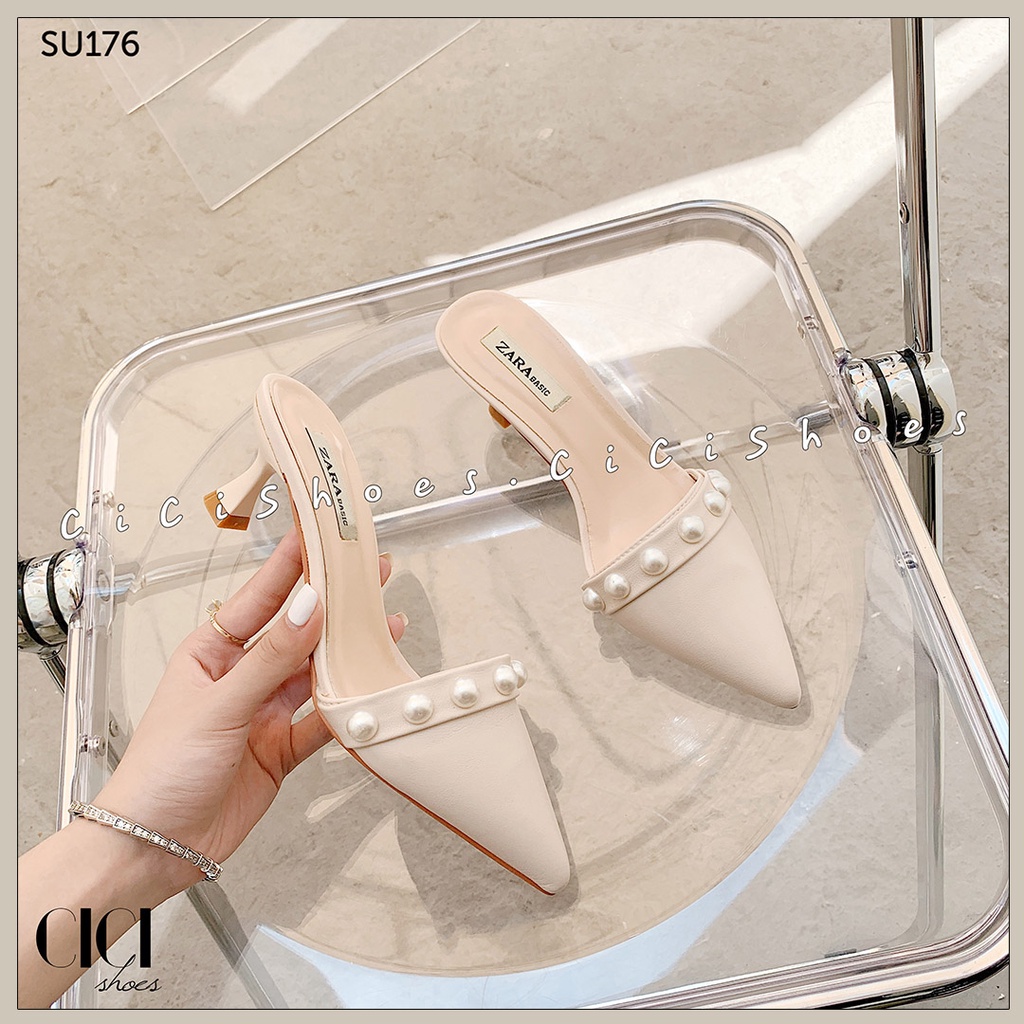 Giày cao gót nữ CiCi Shoes 5cm gót nhọn, dép sục mũi nhọn đính đai ngọc - SU176