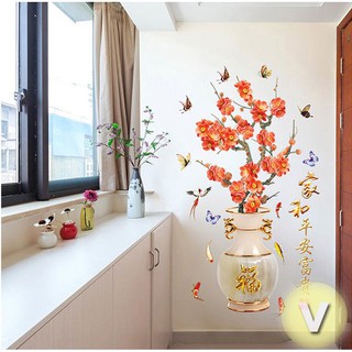 Decal dán tường Bình hoa đào đỏ
