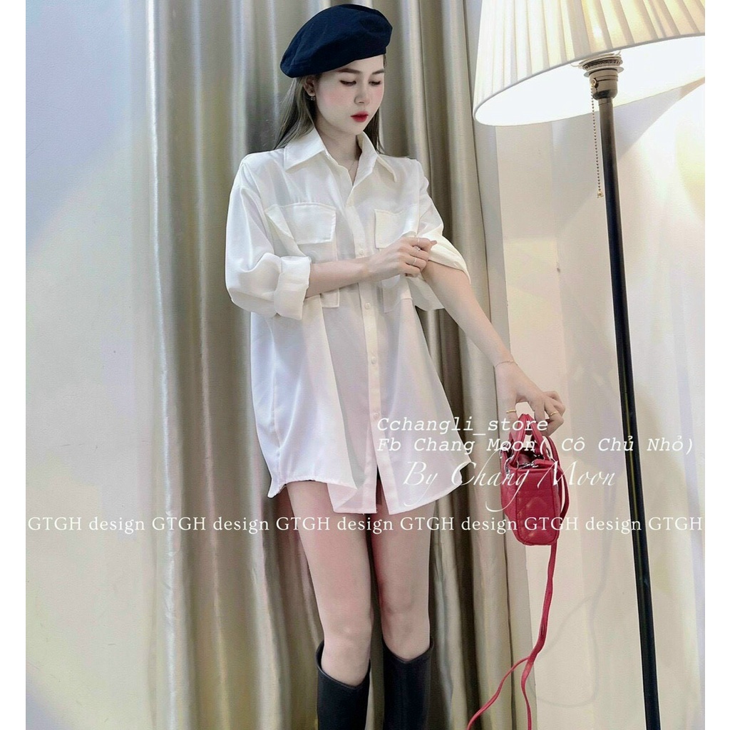 Áo sơ mi basic nữ ulzzang from rộng,áo sơ mi túi hộp 2 bên đơn giản, áo màu trắng đỏ đi chơi đi làm thanh lịch, nữ tính
