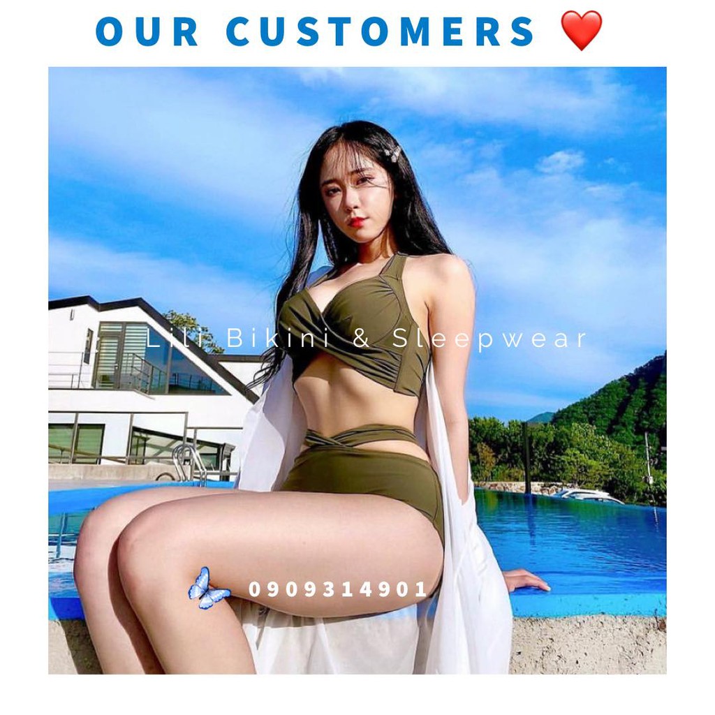 Bikini 2 mảnh chéo dây tôn ngực , tôn eo thon tạo dáng body Hàn Quốc màu xanh rêu lạ mắt mẫu 2021