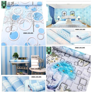 Decal giấy dán tường hoa lá nền xanh dương có keo sẵn