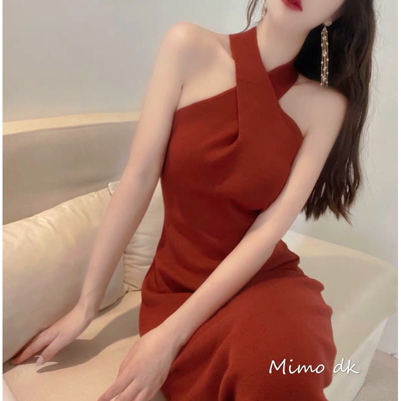 váy/đầm len cổ yếm mongtoghi dáng body cúc sau sang chảnh phong cách hàn quốc